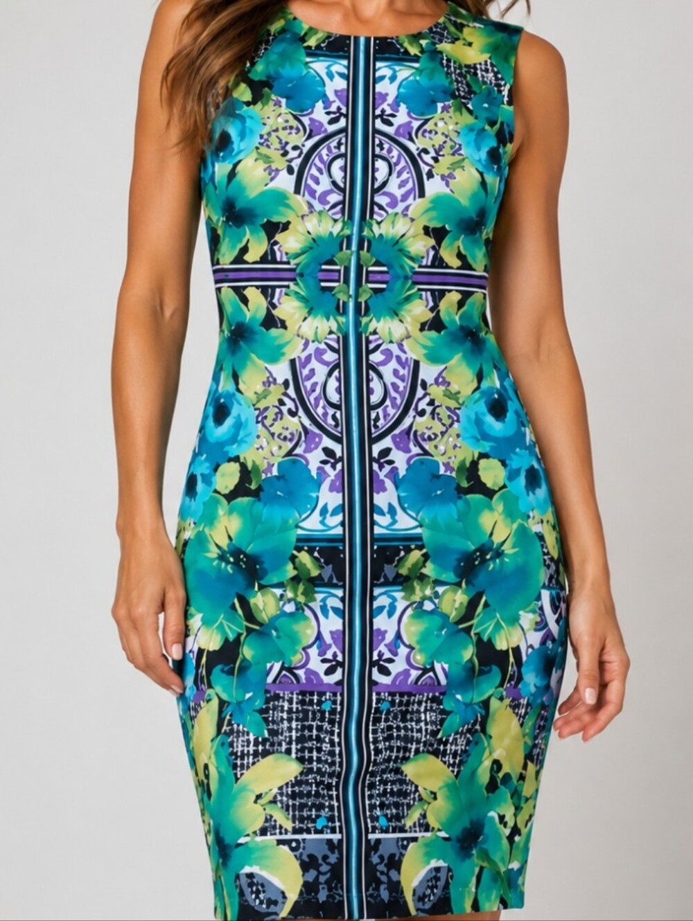 Green Floral Scuba Purple Worldly Lace Exotic Sheath Dress Medium